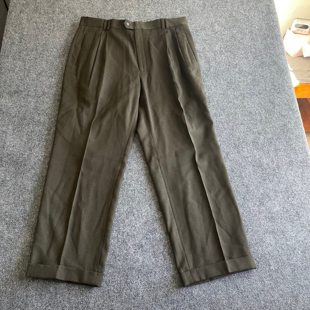 Louis Raphael‎ Mens 38 Olive Green 100% Pure New Wool Pleated Cuffed Dress Pants